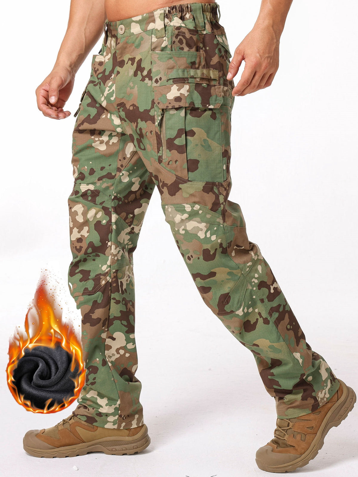 POENTAB Men's Fleece Lined Outdoor Cargo Hiking Pants Camo Winter Water Resistant Snow Ski Work Pant with Zipper Pockets