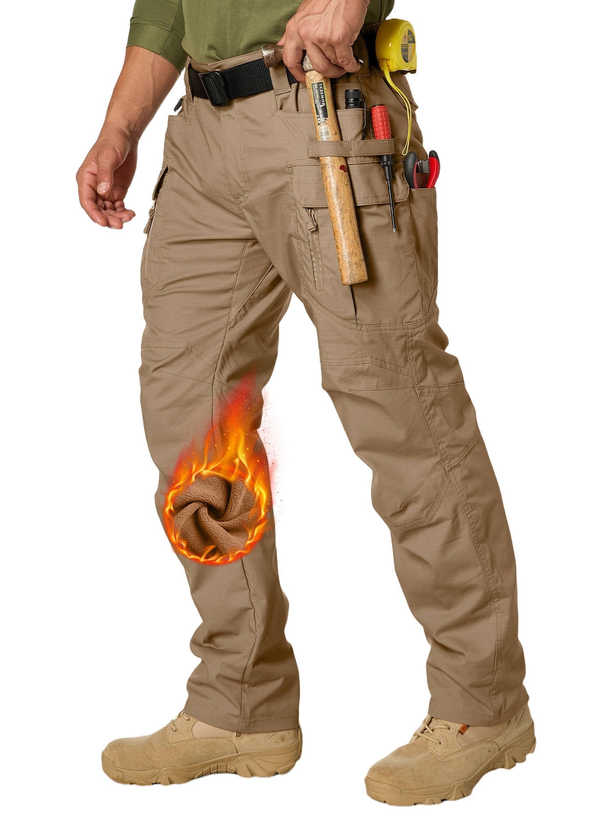 POENTAB Men's Fleece Lined Outdoor Cargo Hiking Pants Camo Winter Water Resistant Snow Ski Work Pant with Zipper Pockets
