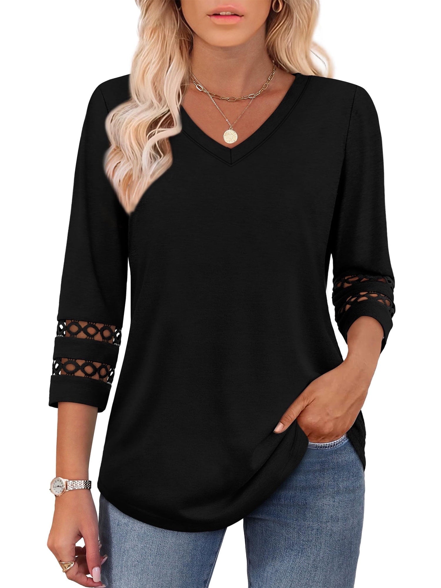 POENTAB Blouses for Women V Neck 3/4 Sleeve Ladies Work Tops Dressy Casual 2026 Trendy T Shirts Summer Clothes Black