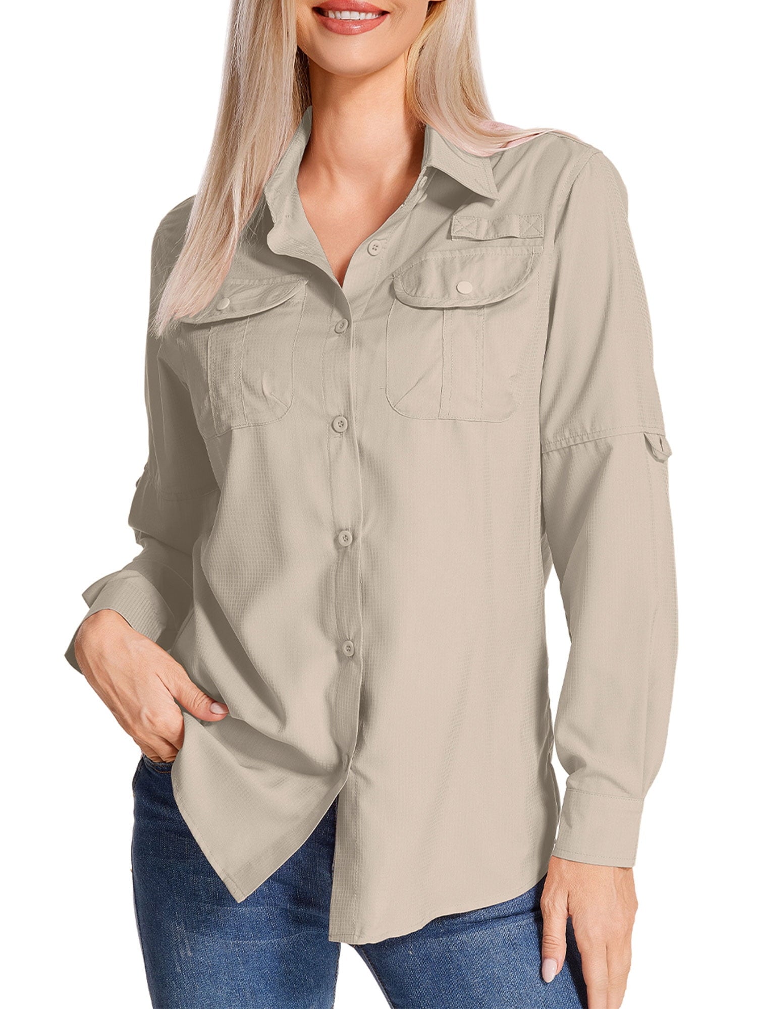POENTAB Long Sleeve Casual Shirts for Women Button Down Hiking Fishing Gardening Shirt UPF 50+ UV Sun Protection Summer Fall Tops