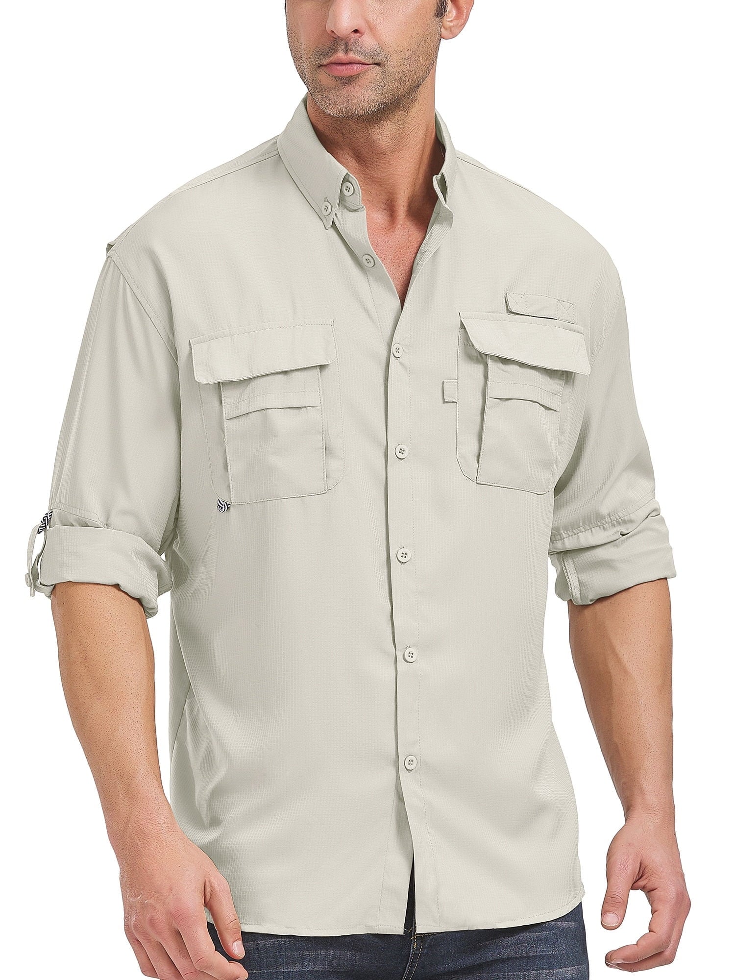 POENTAB Long Sleeve Fishing Shirts for Men Quick Dry Hiking Work Shirt Sun Protection UV UPF 50 Button Down Tops With Mesh Line Outdoor Safari