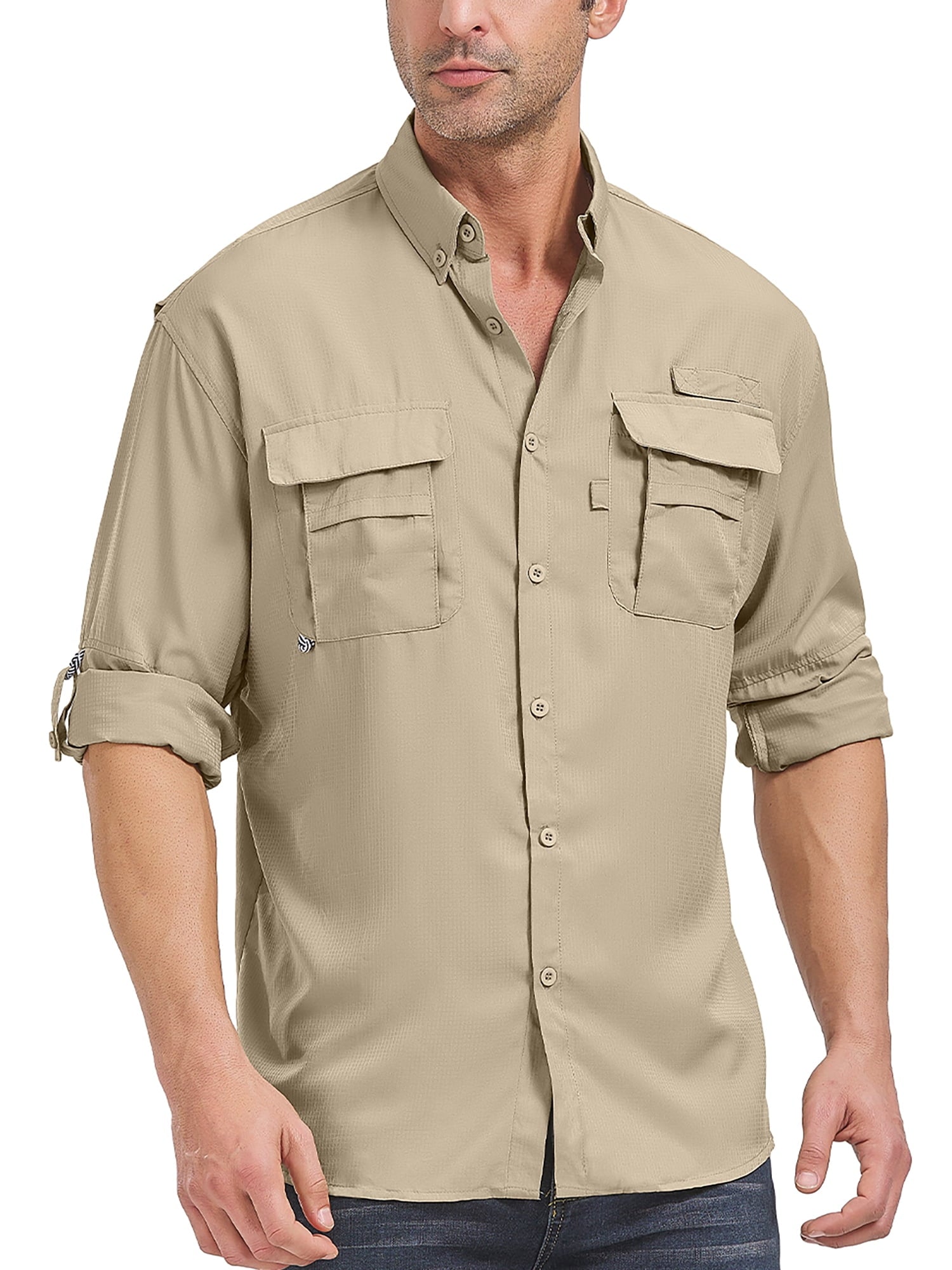 POENTAB Long Sleeve Fishing Shirts for Men Quick Dry Hiking Work Shirt Sun Protection UV UPF 50 Button Down Tops With Mesh Line Outdoor Safari