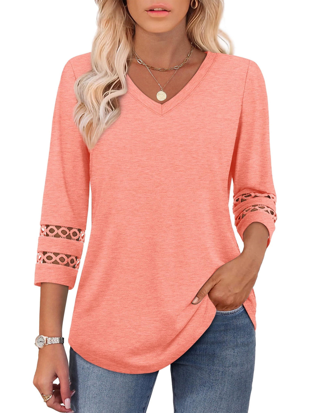 POENTAB Blouses for Women V Neck 3/4 Sleeve Ladies Work Tops Dressy Casual 2026 Trendy T Shirts Summer Clothes