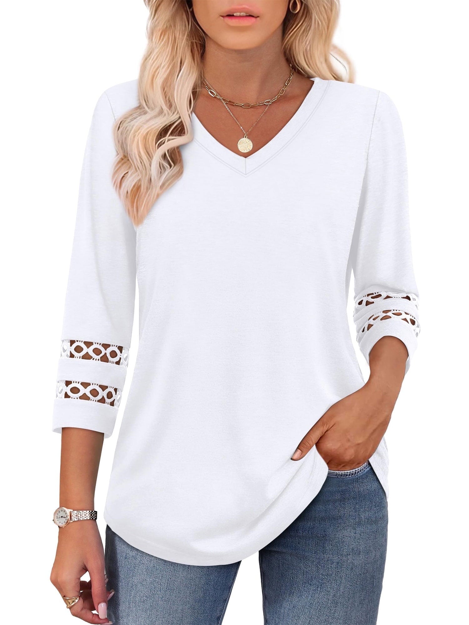 POENTAB Blouses for Women V Neck 3/4 Sleeve Ladies Work Tops Dressy Casual 2026 Trendy T Shirts Summer Clothes Black