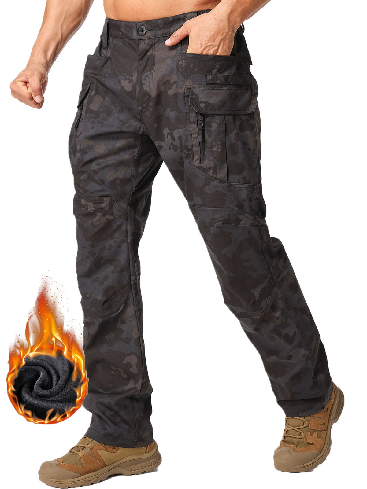 POENTAB Men's Fleece Lined Outdoor Cargo Hiking Pants Camo Winter Water Resistant Snow Ski Work Pant with Zipper Pockets